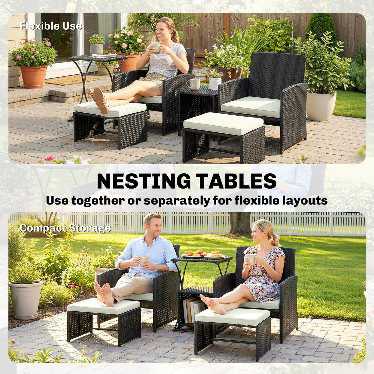 Outsunny 6 Piece Rattan Garden Furniture, Space-Saving Patio Furniture Set with Nesting Tables, Chairs, Stools, Cushions, Black
