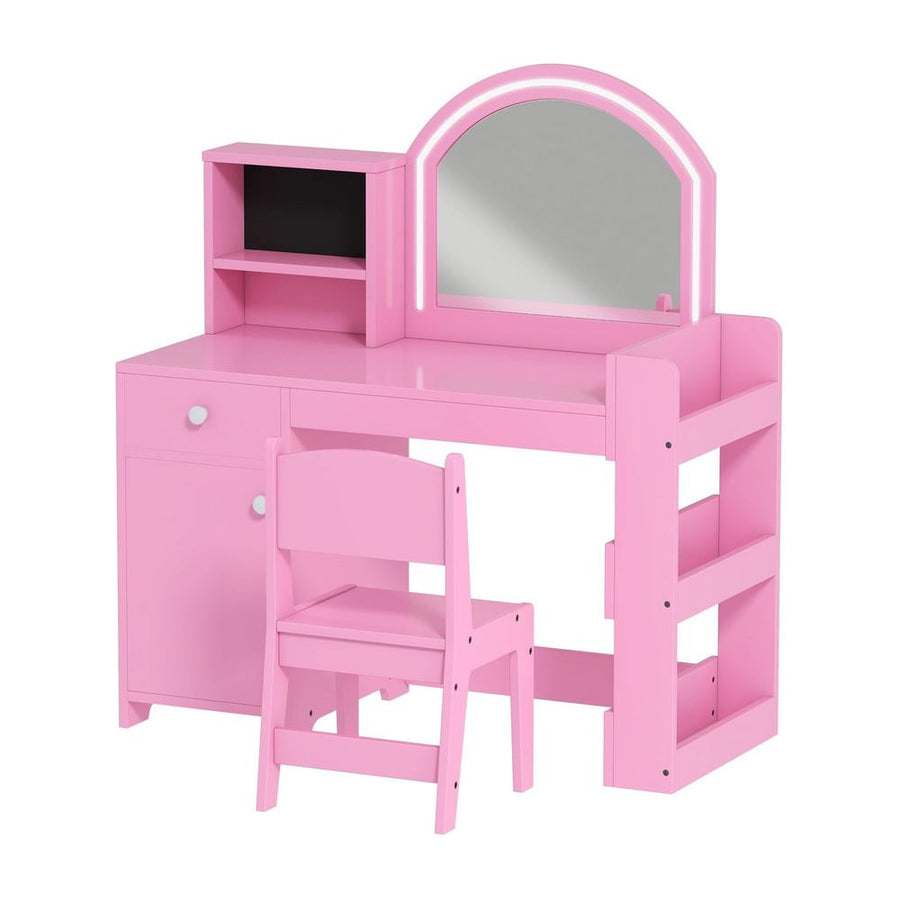 AIYAPLAY Kids Vanity Table and Chair Set, Girls Dressing Table with 2-Colour LED Mirror, Stool, Cabinet, Drawer, Shelves