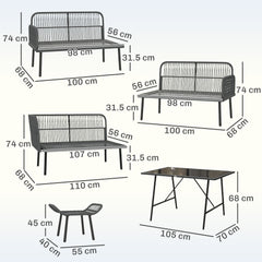 Outsunny 6 Piece Rattan Garden Furniture Set, 8 Seater Garden Corner Sofa with Cushions and Glass Top Table, Orange