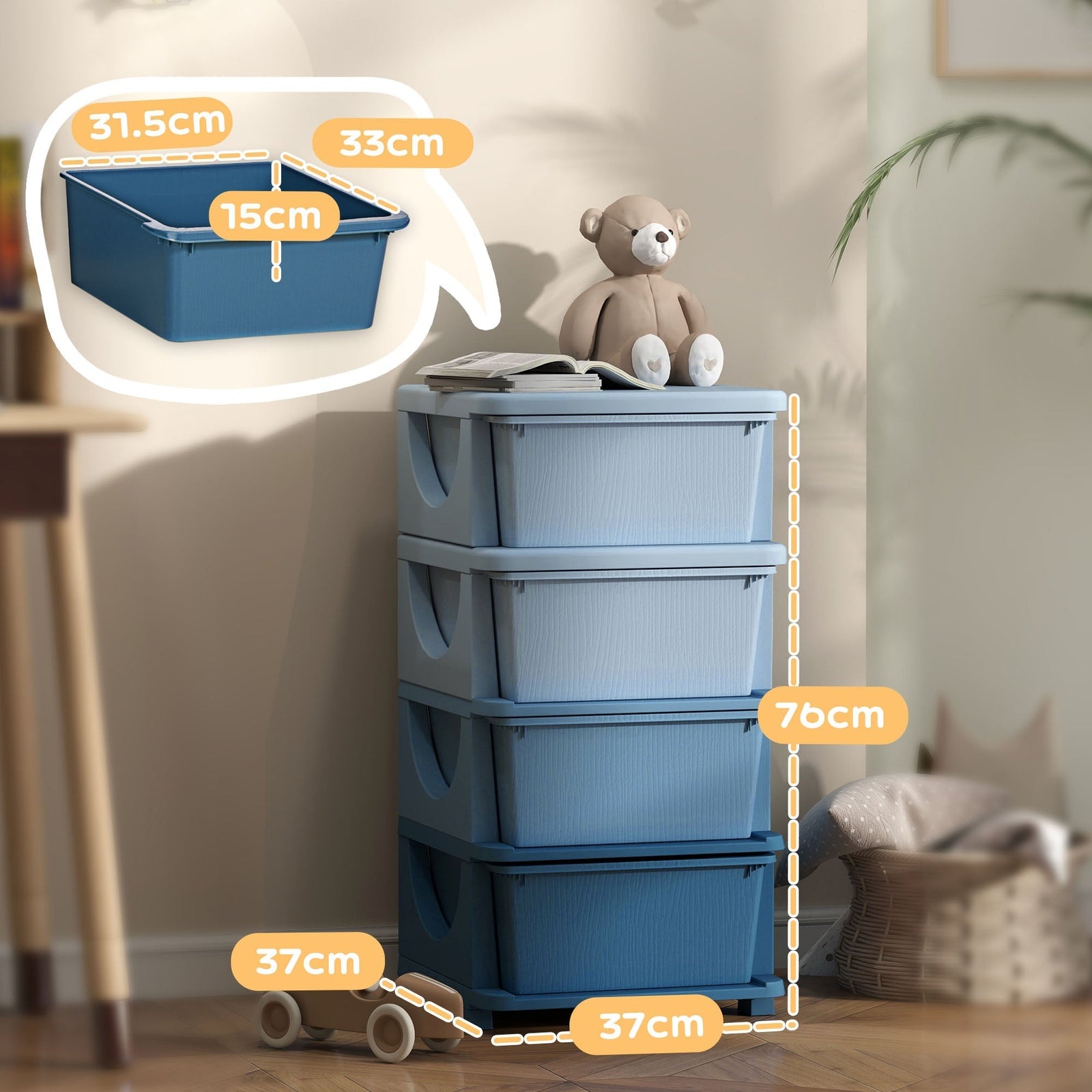 HOMCOM Four-Tier Kids Storage Boxes, with Four Drawers - Blue