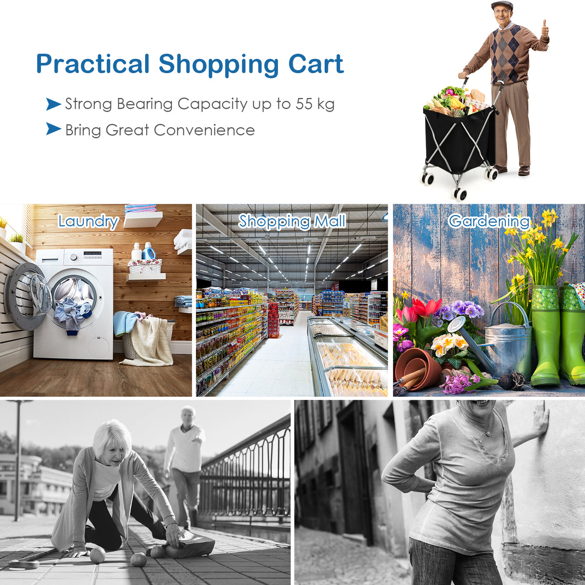 90L Folding Shopping Trolley with Removable Waterproof Bag and Cove-Black - product image 6