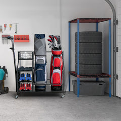 Double Golf Bag Storage Rack for Garage with Lockable Universal Wheels