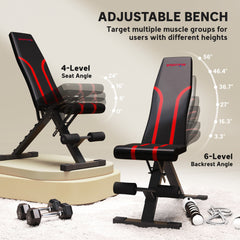 SPORTNOW Foldable Weight Bench, Adjustable Incline Flat Bench Press with 6-Level Backrest, 4-Level Seat, Leg Extension for Home Gym Workout Full Body Strength Training