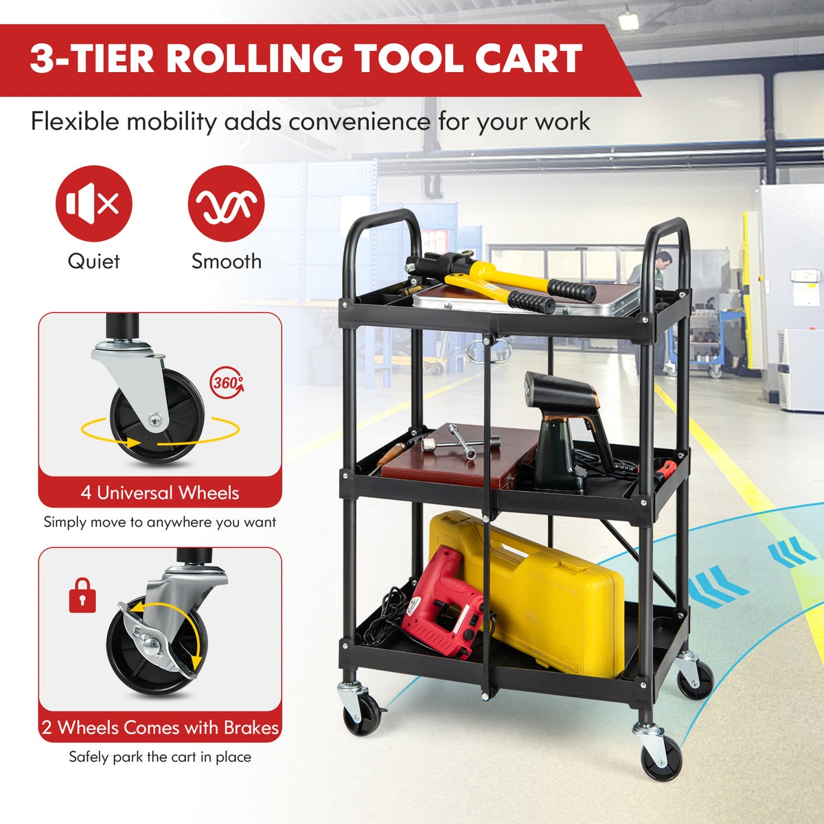 3 Tiers Folding Tool Trolley with Lockable Wheels and Tool Grooves