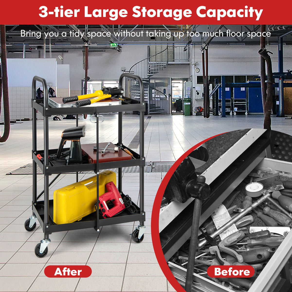 3 Tiers Folding Tool Trolley with Lockable Wheels and Tool Grooves