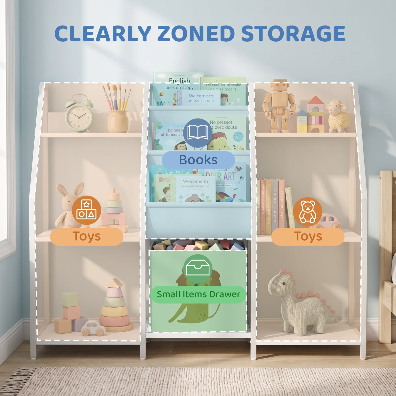 AIYAPLAY Kids Bookshelf and Toy Storage with 3-Tier Sling Book Rack and Fabric Drawer for Nursery, Bedroom, Playroom, White