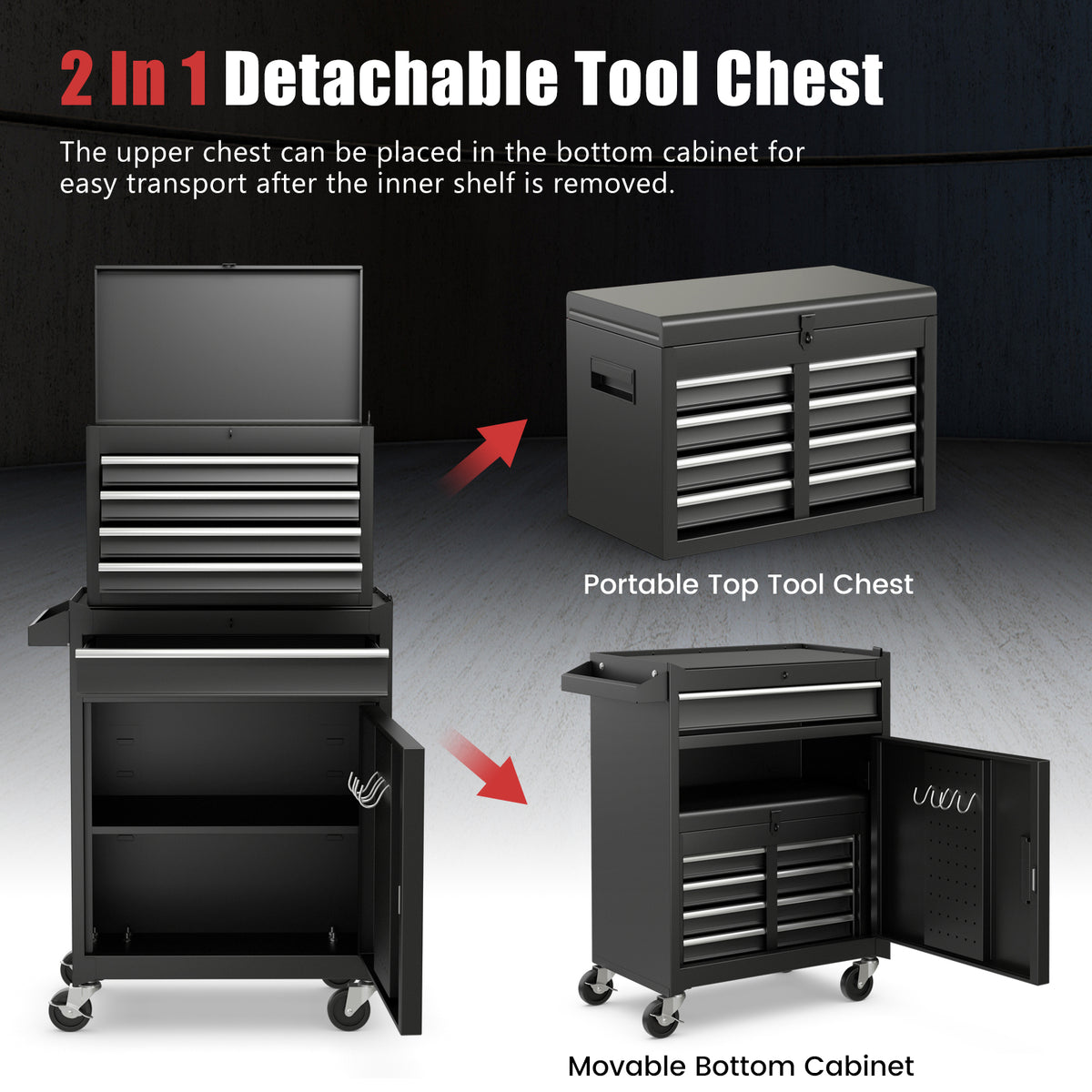High Capacity Tool Storage Cabinet with Lockable Wheels-Black