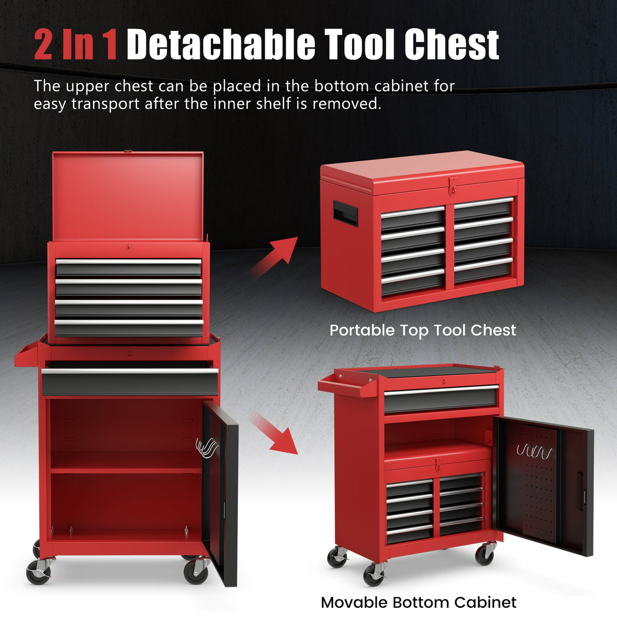 High Capacity Tool Storage Cabinet with Lockable Wheels-Black & Red