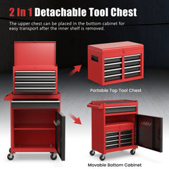 High Capacity Tool Storage Cabinet with Lockable Wheels-Black & Red