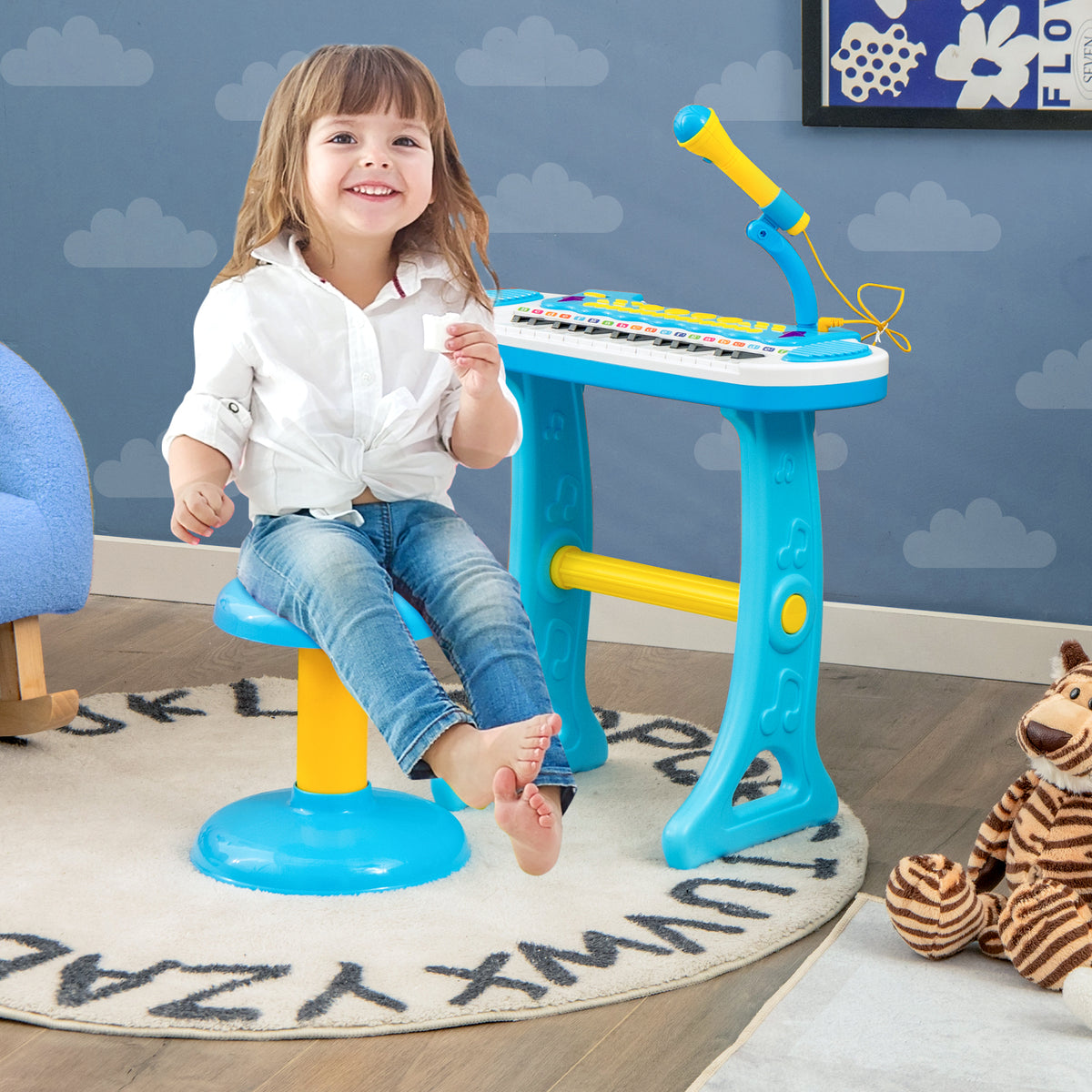 31-Key Kids Electronic Keyboard with Stool and Flashing Lights-Blue