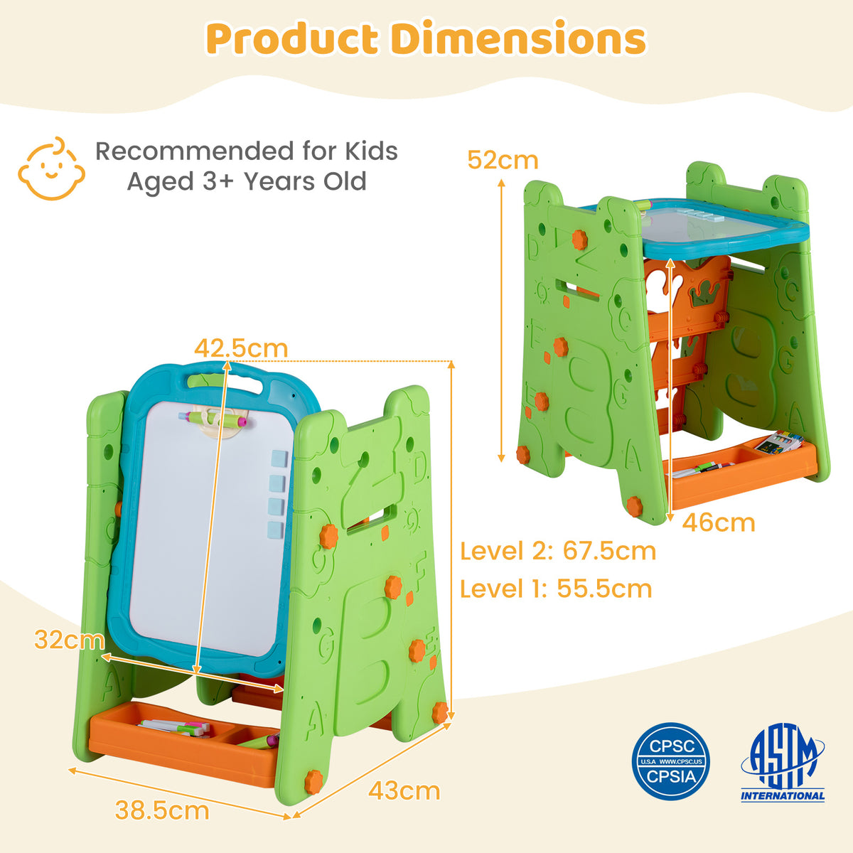 3 in 1 Art Easel for Kids Double Sided Magnetic Board Chalkboard and Whiteboard-Green