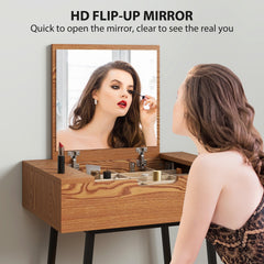 HOMCOM Vanity Desk with Flip-Up Mirror, Industrial Dressing Table with 16 Small Compartments for Bedroom, Natural Wood Effect