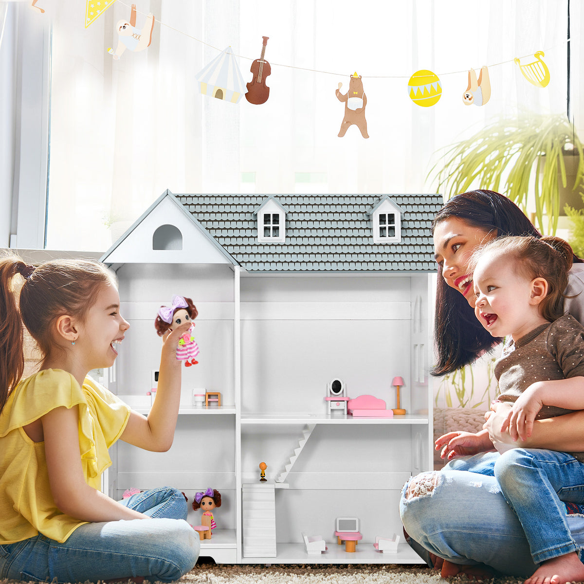 Large Wooden Dolls House with Furniture and Accessories-Grey