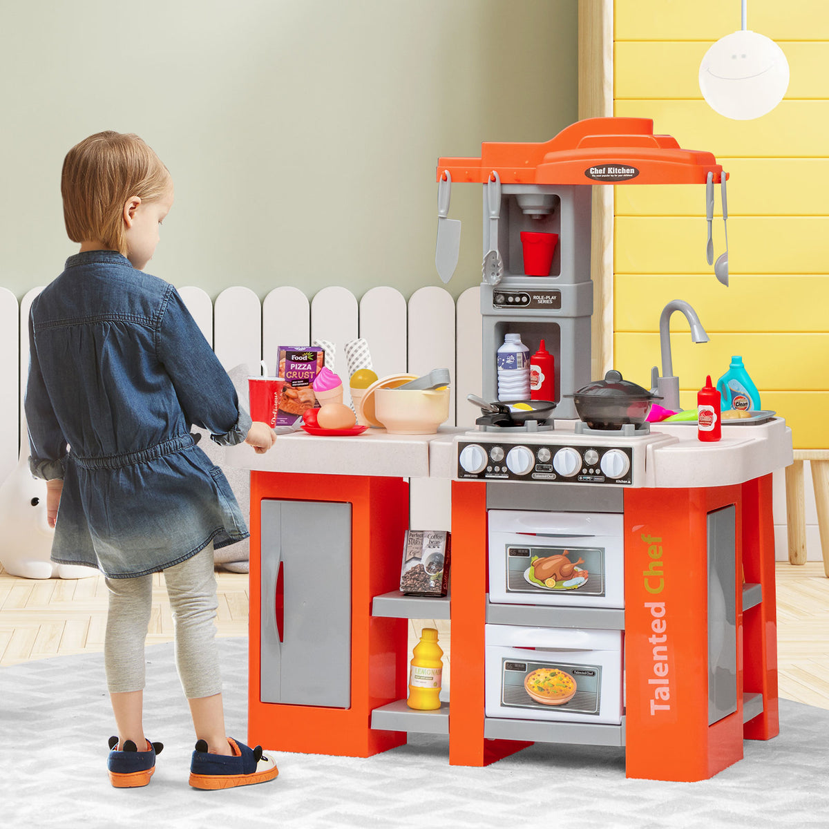 Kids Kitchen Playset with 67 Pieces Accessories and Realistic Lights-Orange