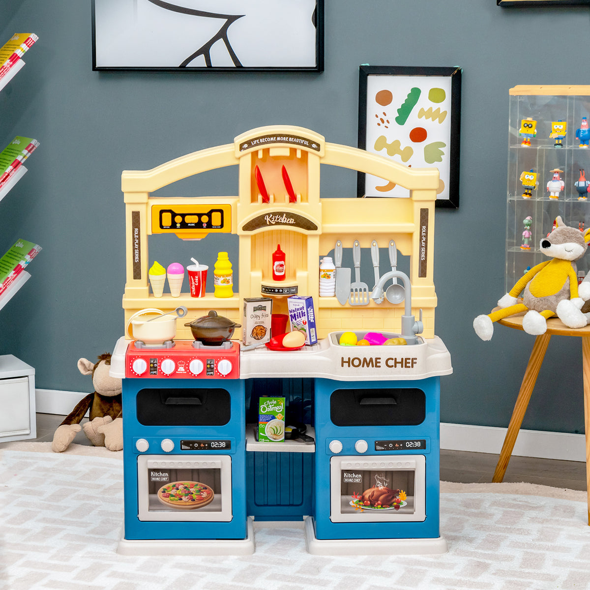 69 Pieces Kids Kitchen Playset Toy with Boiling and Vapor Effects-Blue