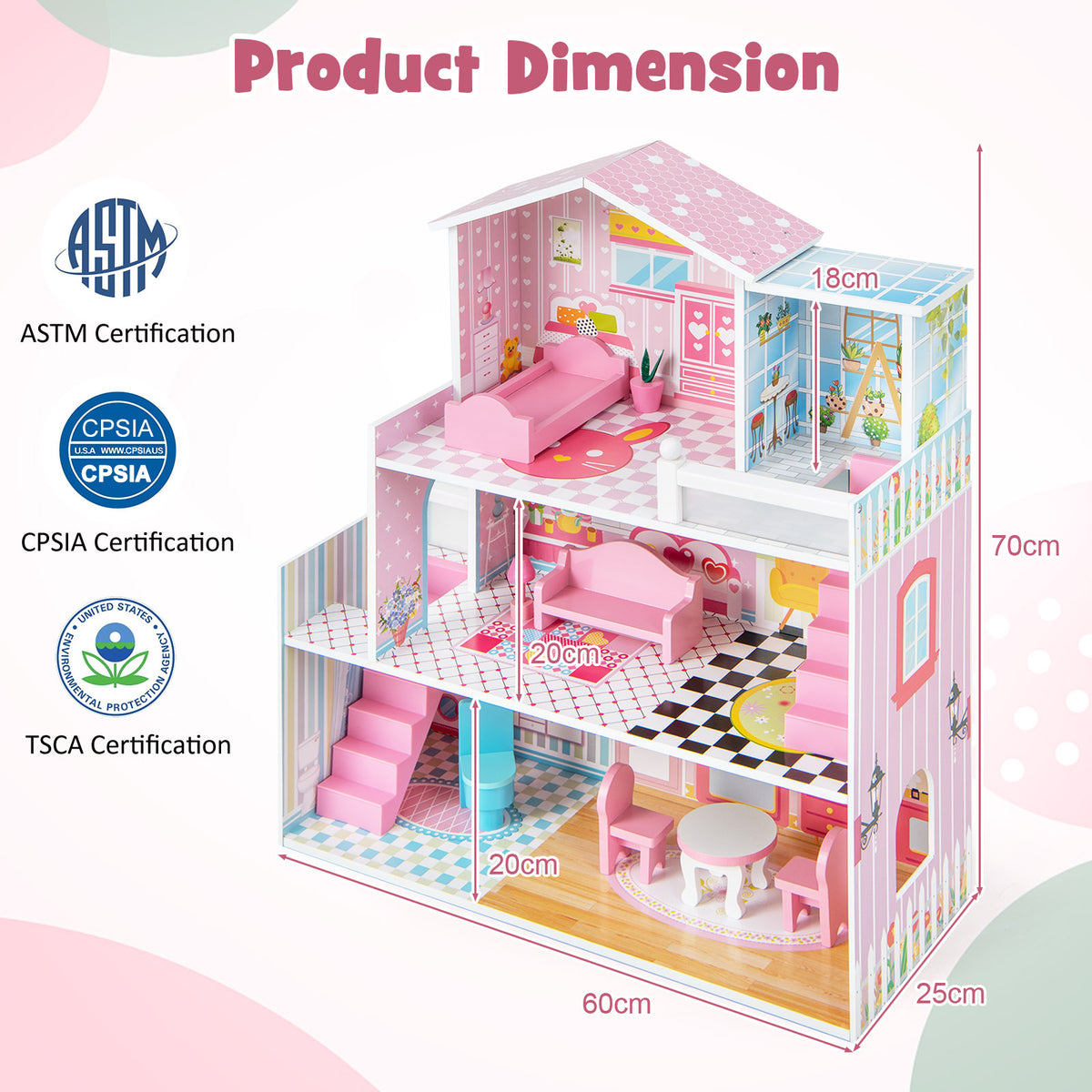 Kids Wooden Dollhouse DIY Pretend for Toddlers 3-7 Years Old-Pink