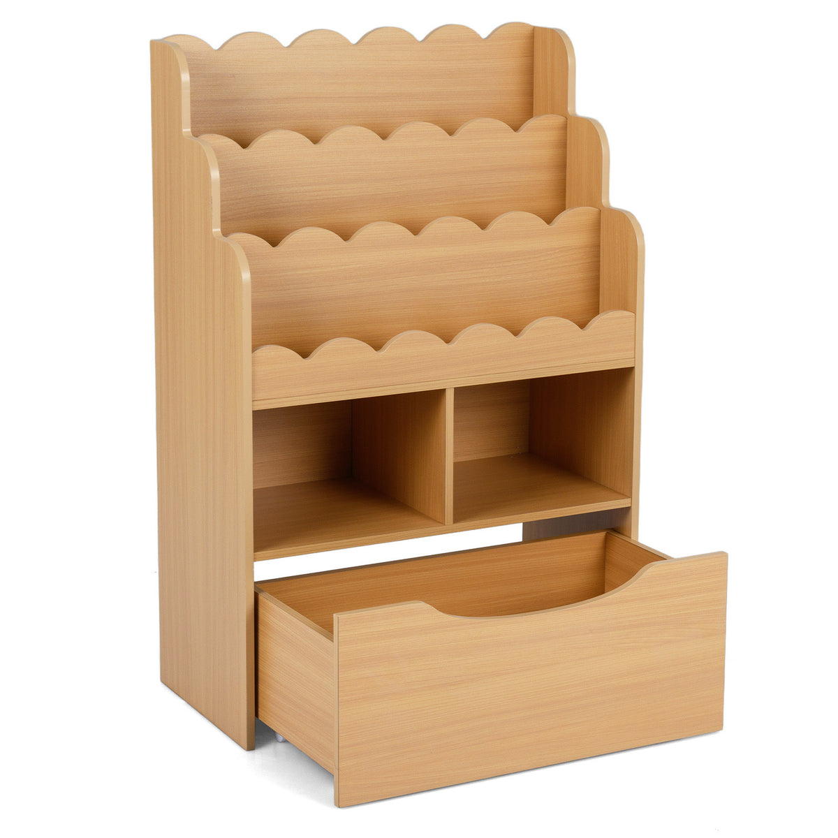 5-Tier Kids Bookshelf with Shelves & Rolling Drawer for Nursery Playroom-Natural