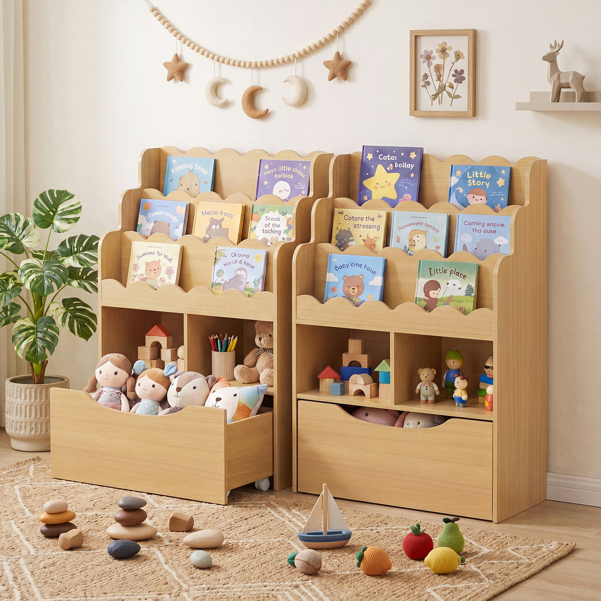 5-Tier Kids Bookshelf with Shelves & Rolling Drawer for Nursery Playroom-Natural