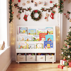 Double-Sided Kids Bookshelf Toddler Book Shelf on Wheels with Chalkboard-White