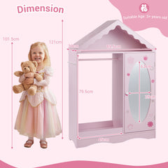 Kids Dress Up Storage with Mirror Roofed Wardrobe Closet with Open Hanging Rack-Pink