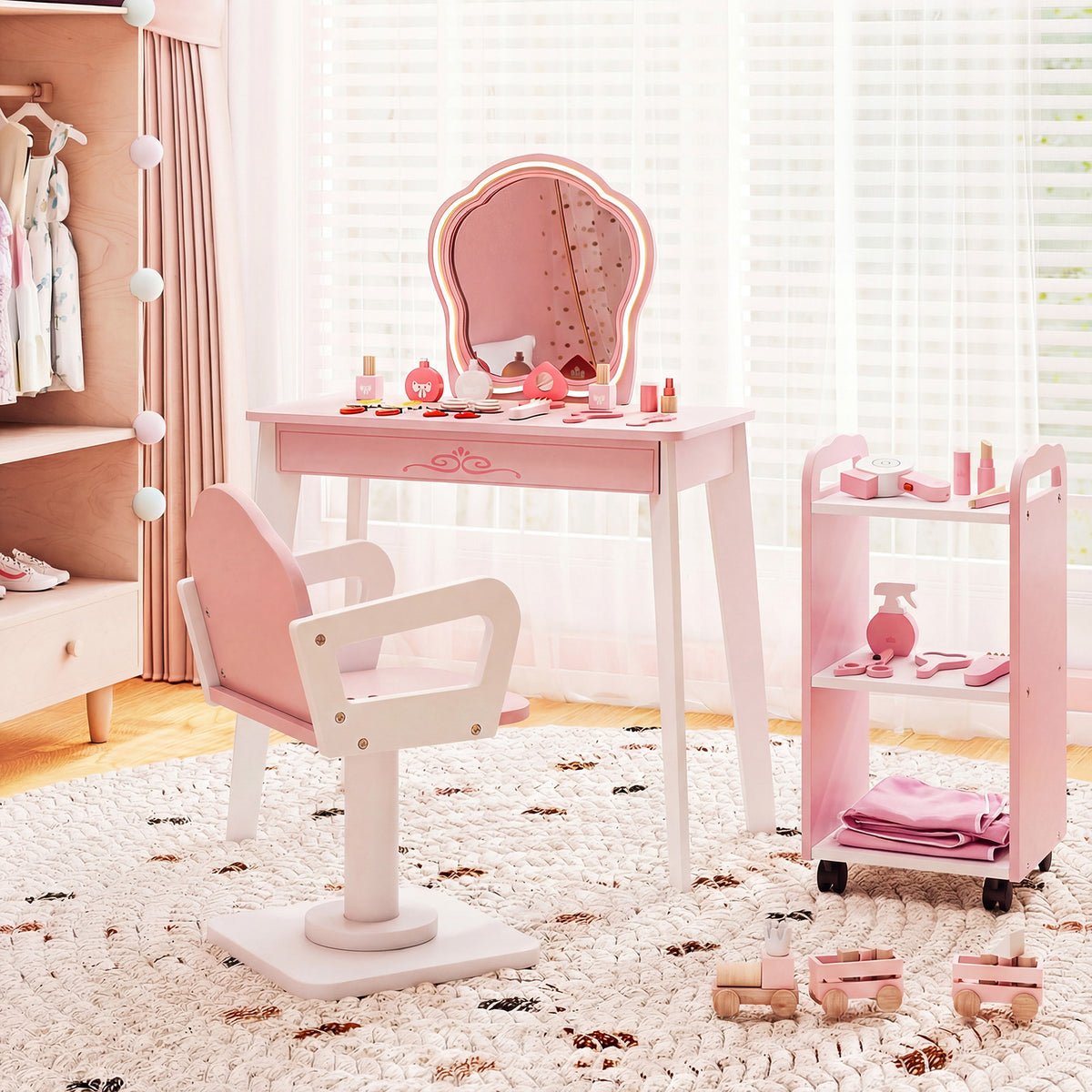 Kids Hair Salon Play Set with LED Lighted Mirror Wooden Pretend Hair Salon Station-Pink