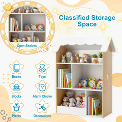 House-Shaped Kids Bookshelf with Roof and Windows for Playroom-White