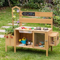 Mud Kitchen for Kids with Detachable Bird Cage and Planter Box for Toddlers Aged 3+-Natrual