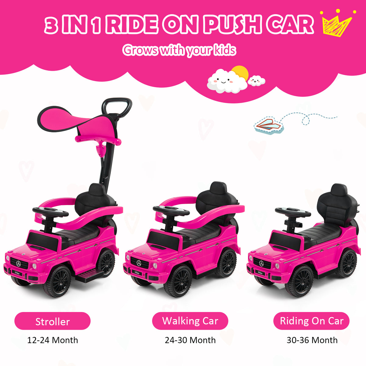 3-in-1 Baby Foot-to Floor Sliding Walker with Push Handle-Pink