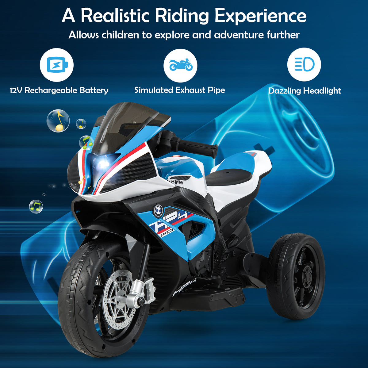 12V Kids Motorcycle Ride-On Toy with Music and Headlight-Blue