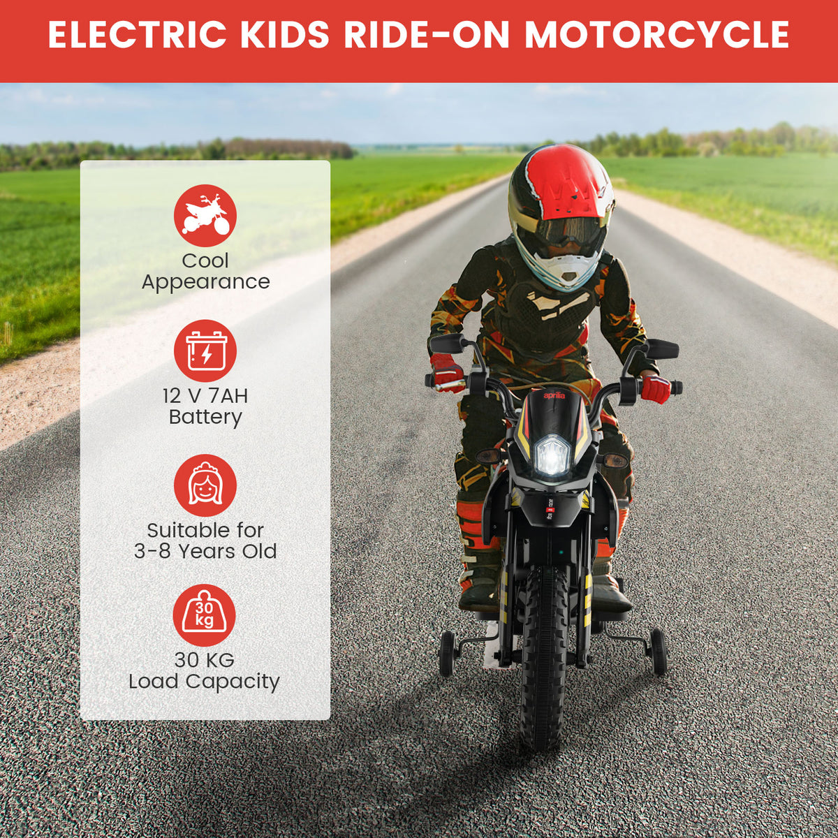 12V Battery Powered Toddler Motorbike with Music for 3-8 Years Old Kids-Black