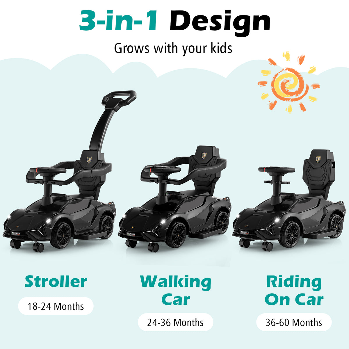 3-in-1 Ride On Push Car with Removable Guardrails and Handle-Black