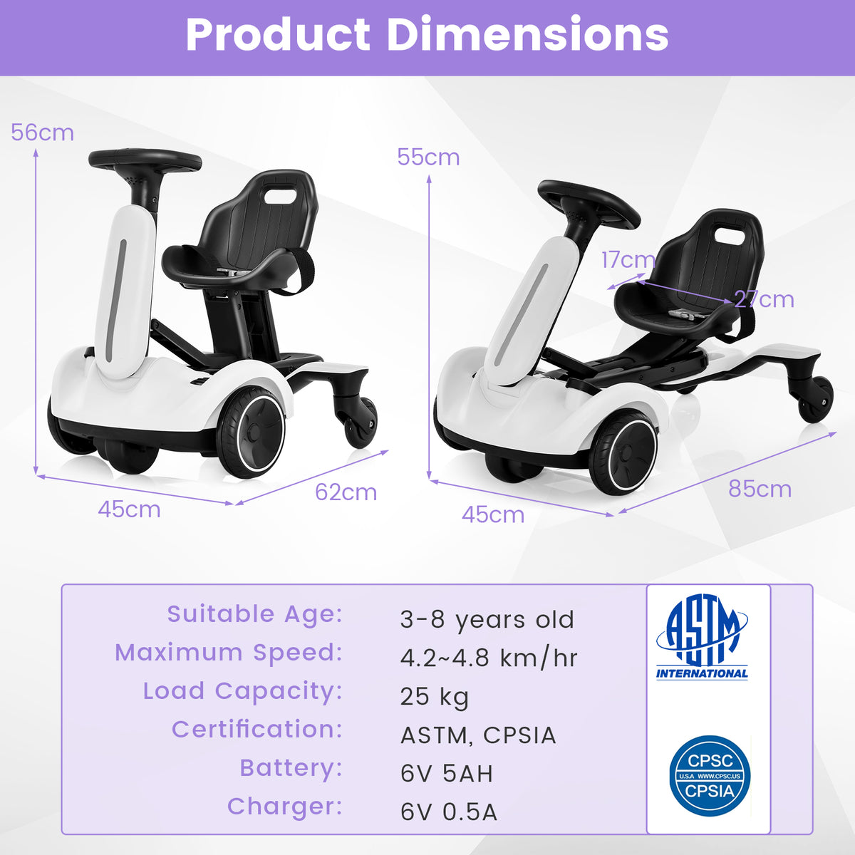 6V Electric Ride on Drift Car for Kids Aged 3-8 Years Old-White
