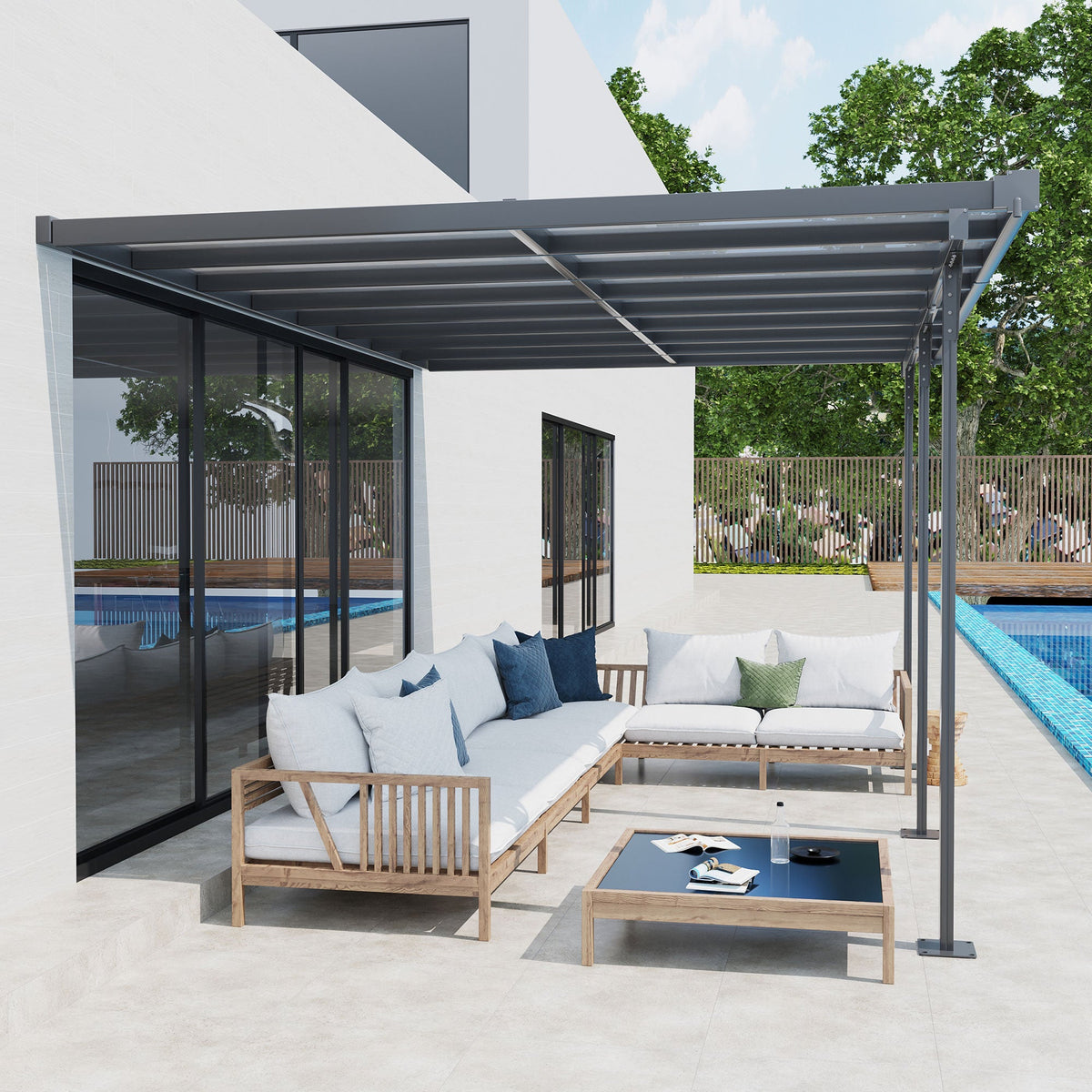 Outsunny 4.35 x 3m Outdoor Patio Gazebo Pergola, Retractable Pergola Canopy Aluminum Post & PC Roof, Grey