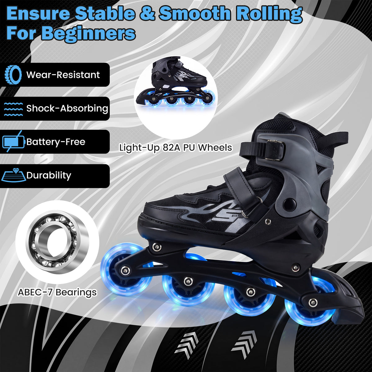 Kids Inline Skates 4 Sizes Adjustable Light-Up Roller Skates for Boys and Girls Ages 7-9-Grey