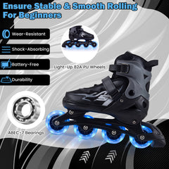 Kids Inline Skates 4 Sizes Adjustable Light-Up Roller Skates for Boys and Girls Ages 7-9-Grey