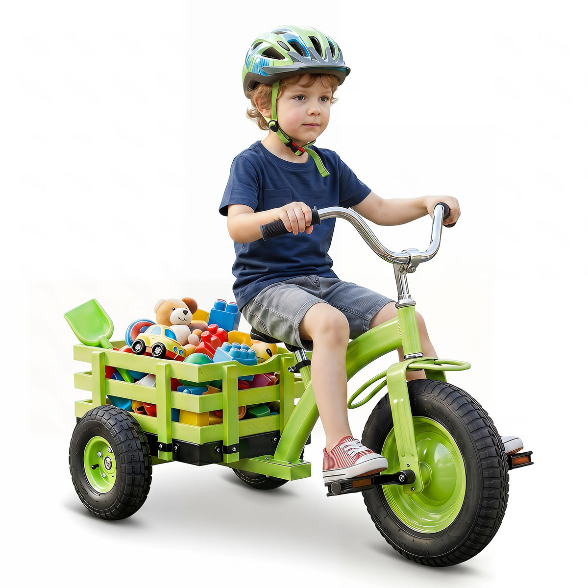 Kids Tricycle with Storage Basket and Inflatable Tires for Boys Girls Ages 3+-Green