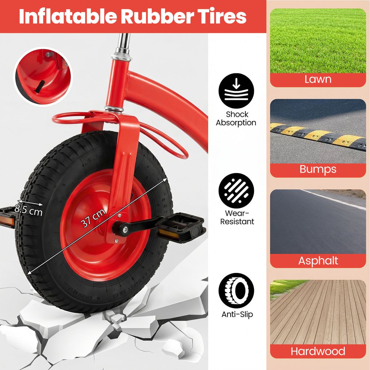 Kids Tricycle with Storage Basket and Inflatable Tires for Boys Girls Ages 3+-Red