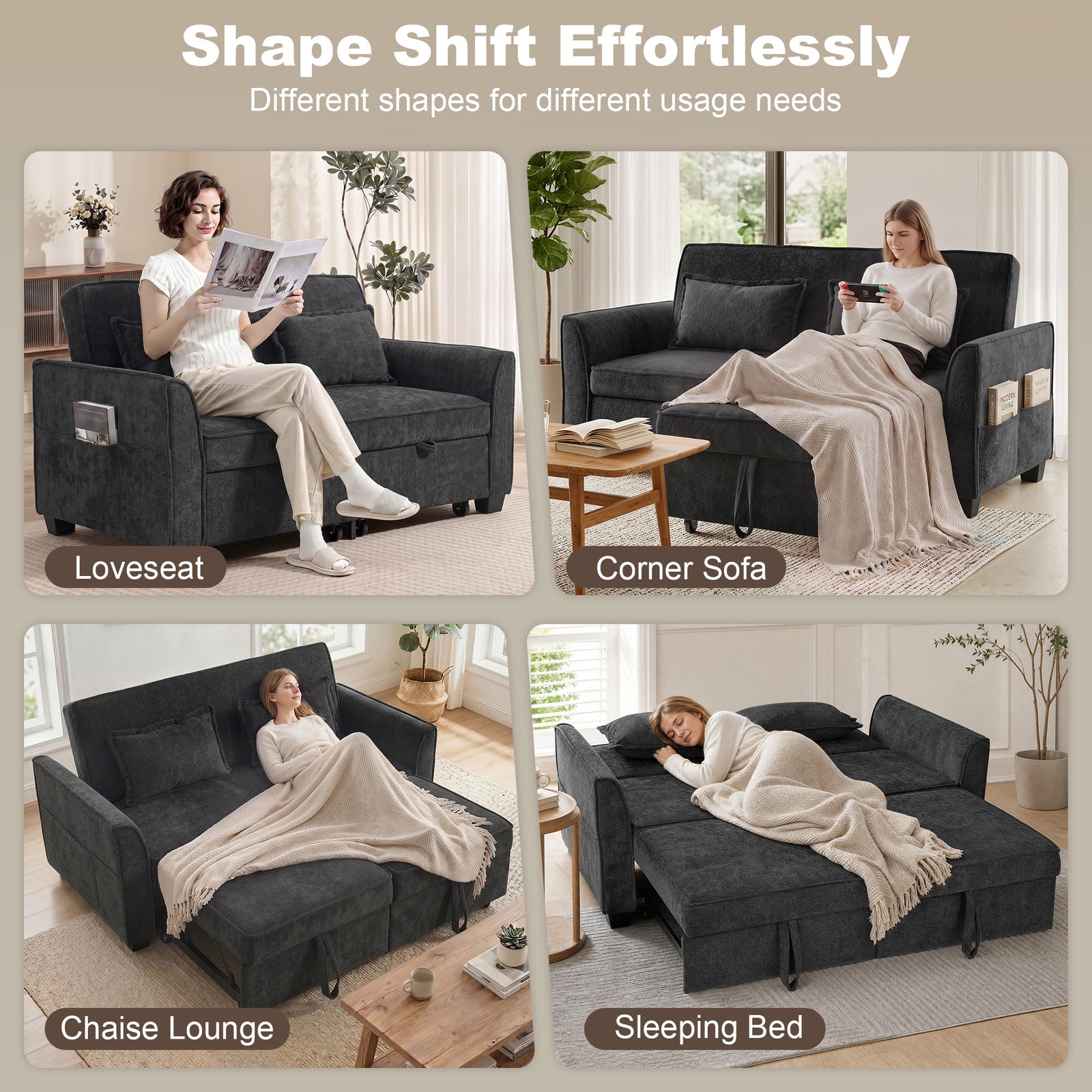 HOMCOM 2 Seater Sofa Bed, 4-in-1 L-Shaped Convertible Pull-Out Sleeper Sofa with Adjustable Backrest and Side Pockets, Black