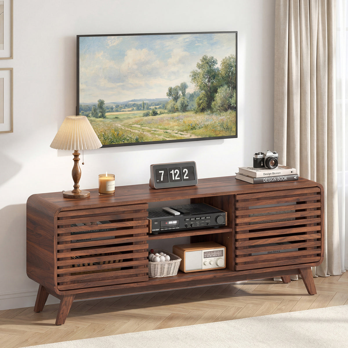 TV Stand for 65" TVs Mid Century Modern Entertainment Center-Walnut