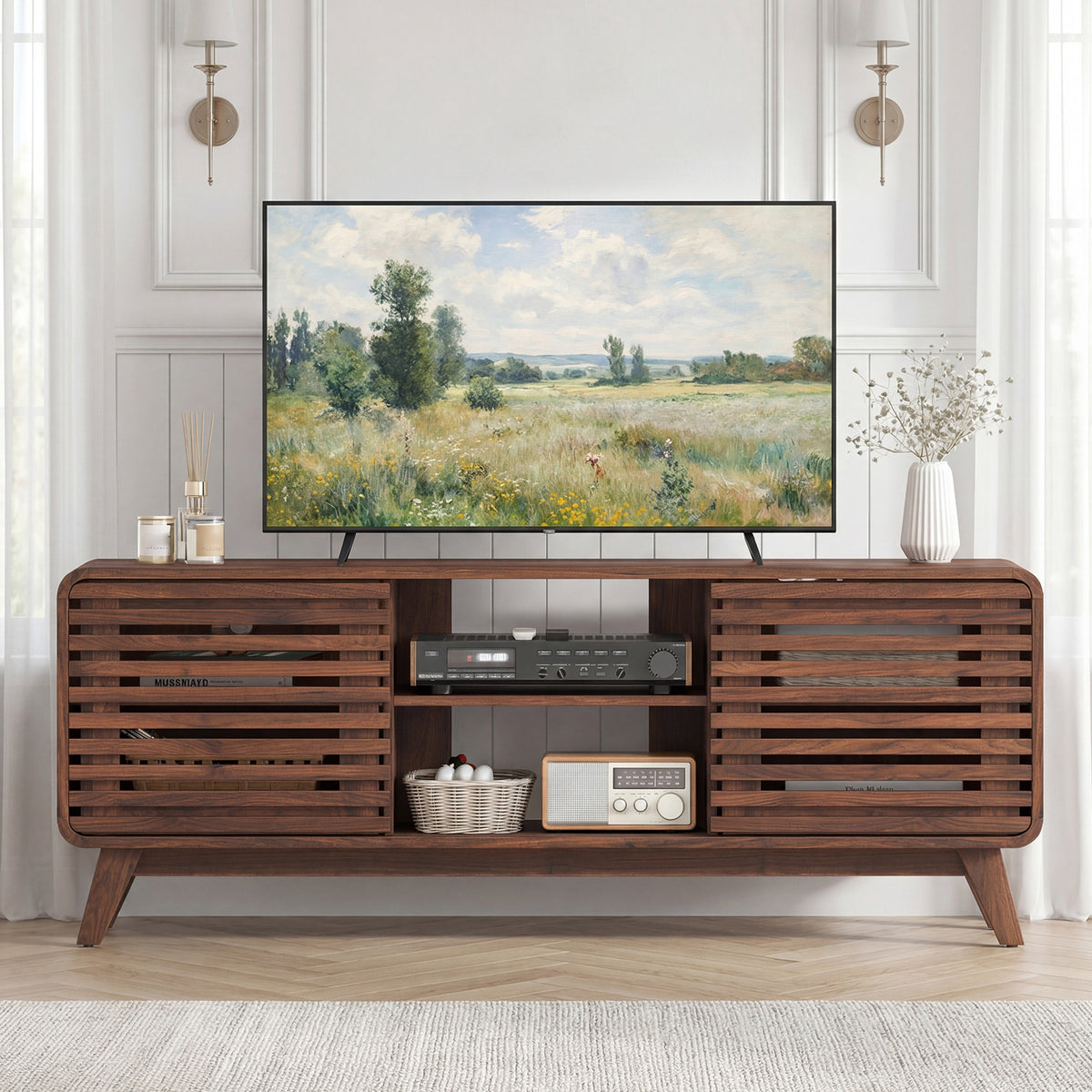 TV Stand for 65" TVs Mid Century Modern Entertainment Center-Walnut