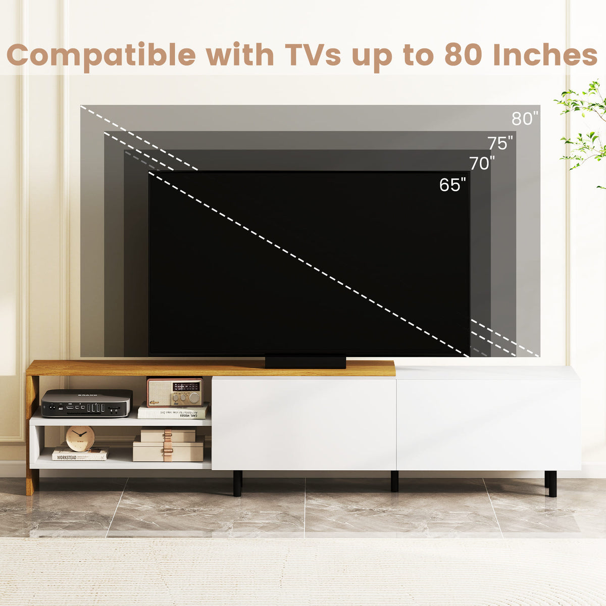 TV Stand for 80 Inches TVs with Storage Shelves and Cabinets-White