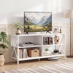 TV Stand for TVs up to 55" with 4 Open Shelves & Raised Metal Legs for Living Room-White
