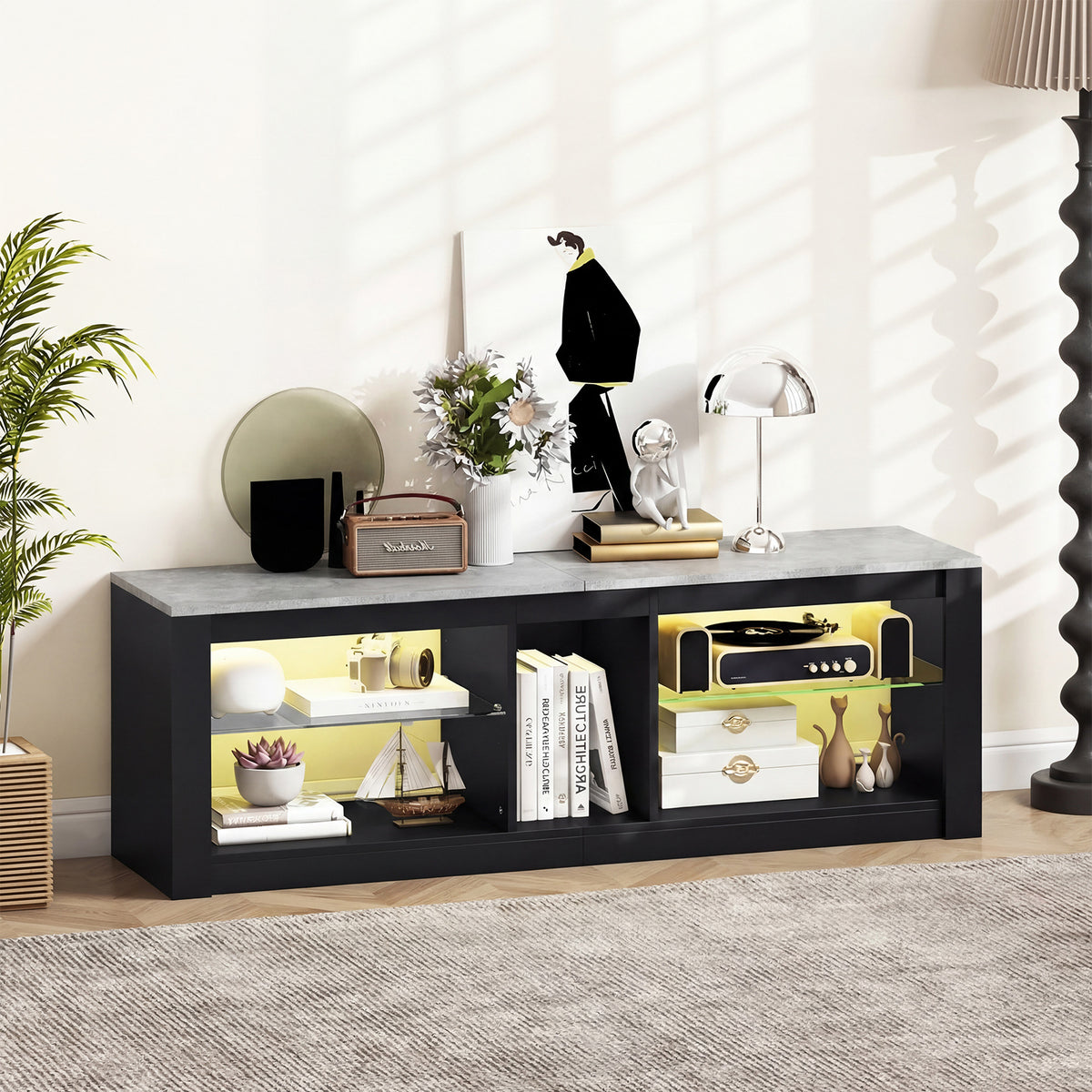 TV Stand with LED Light for TVs up to 65 inch with Adjustable Tempered Glass Shelves-Grey