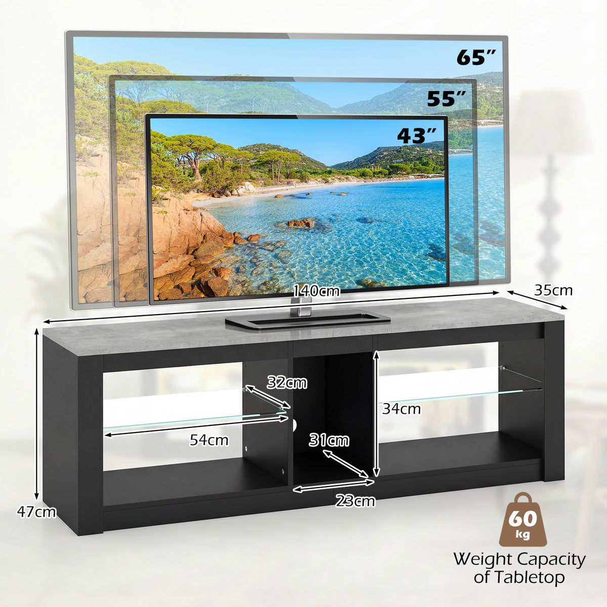 TV Stand with LED Light for TVs up to 65 inch with Adjustable Tempered Glass Shelves-Grey