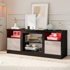 Entertainment unit with open shelves and cabinets in a modern lounge setting