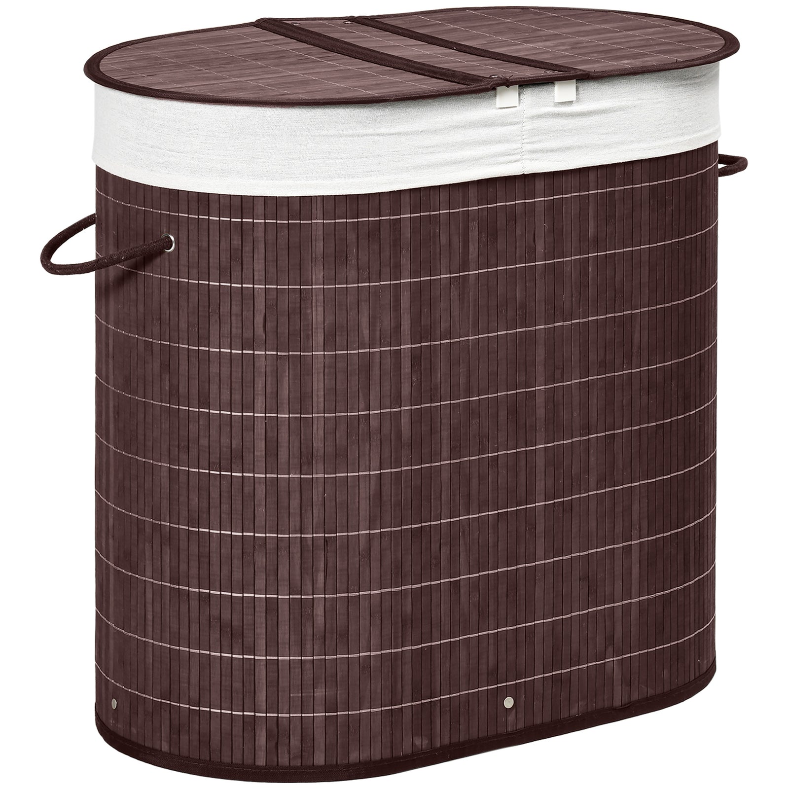 HOMCOM 100L Bamboo Laundry Basket with Lid, Washing Basket with 2 Compartments, Handles, Removable Liner, Brown