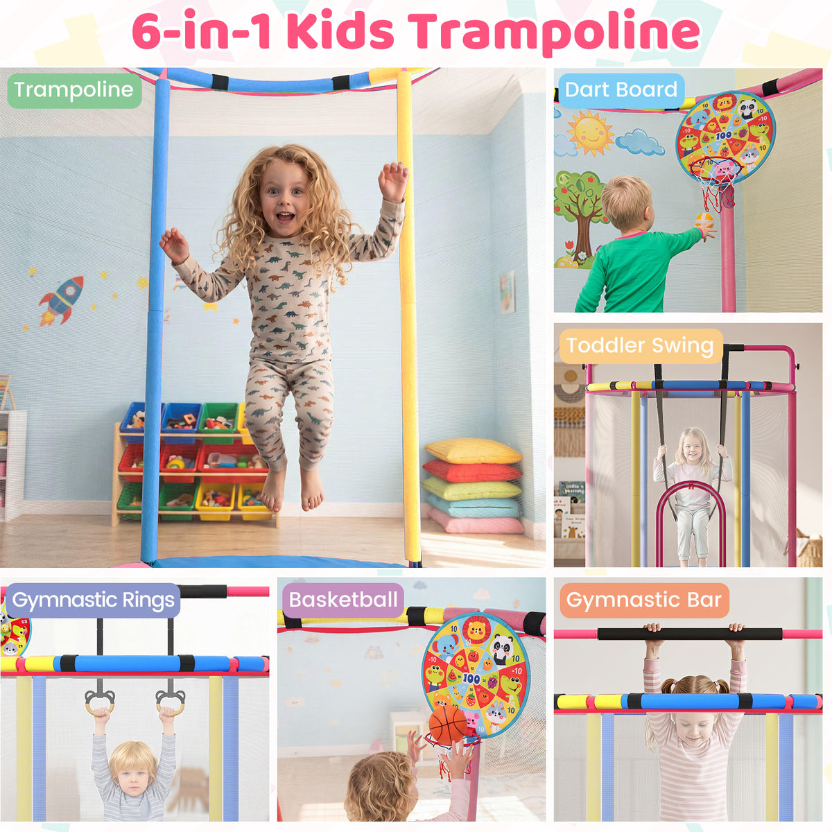 Kids Trampoline with Safety Net for Indoor and Outdoor Use-Multicolor