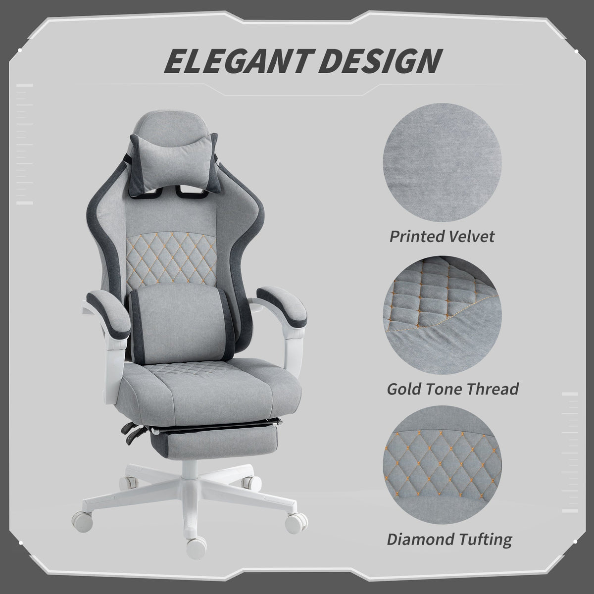 HOMCOM Ergonomic High Back Gaming Chair for Adults, Printed Velvet Computer Recliner Chair with Footrest, Lumbar Support, Adjustable Height and 360 degrees Swivel Seat for Office or Gaming, Grey