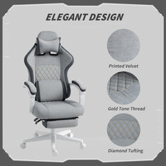 HOMCOM Ergonomic High Back Gaming Chair for Adults, Printed Velvet Computer Recliner Chair with Footrest, Lumbar Support, Adjustable Height and 360 degrees Swivel Seat for Office or Gaming, Grey