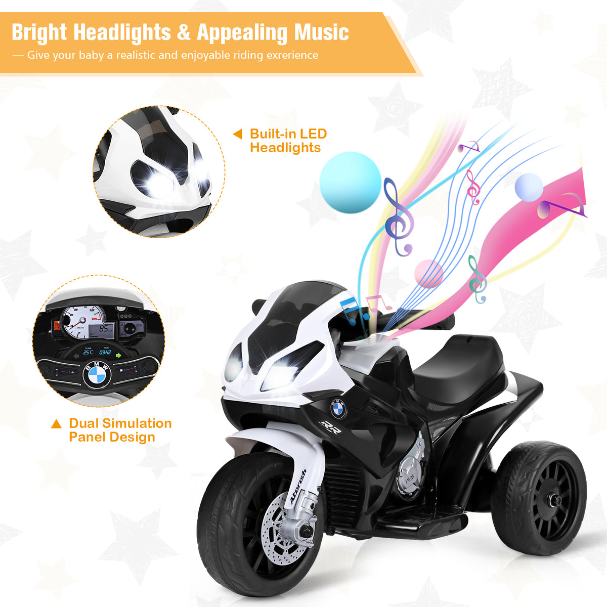 6V Kids Ride on Motorcycle with Training Wheels and Head Light-Black